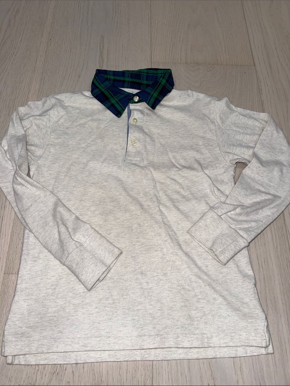 Kids Long-Sleeve Polo with Green Plaid Collar - heathered gray